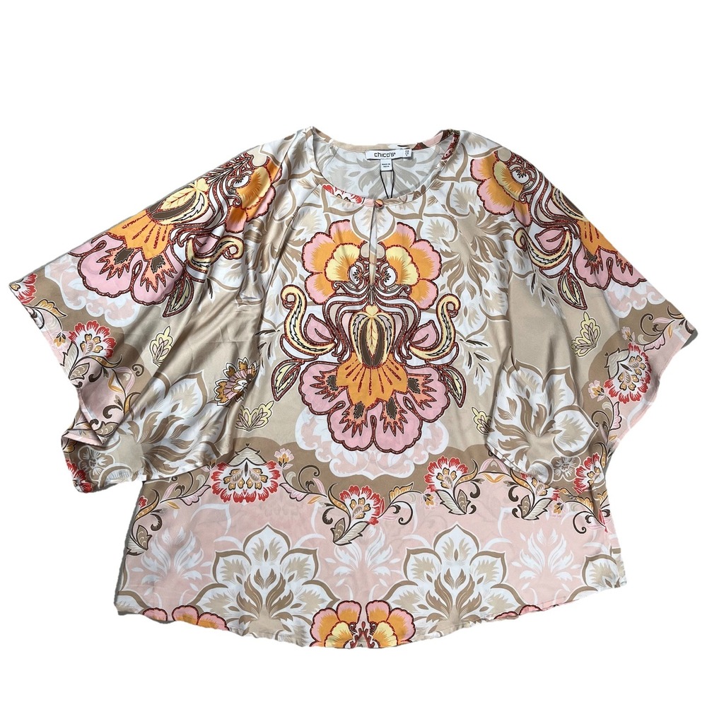 New Chicos Floral Flair Blouse Sz 0.5 (US 6) Porcelain Rose Handkerchief Sleeves